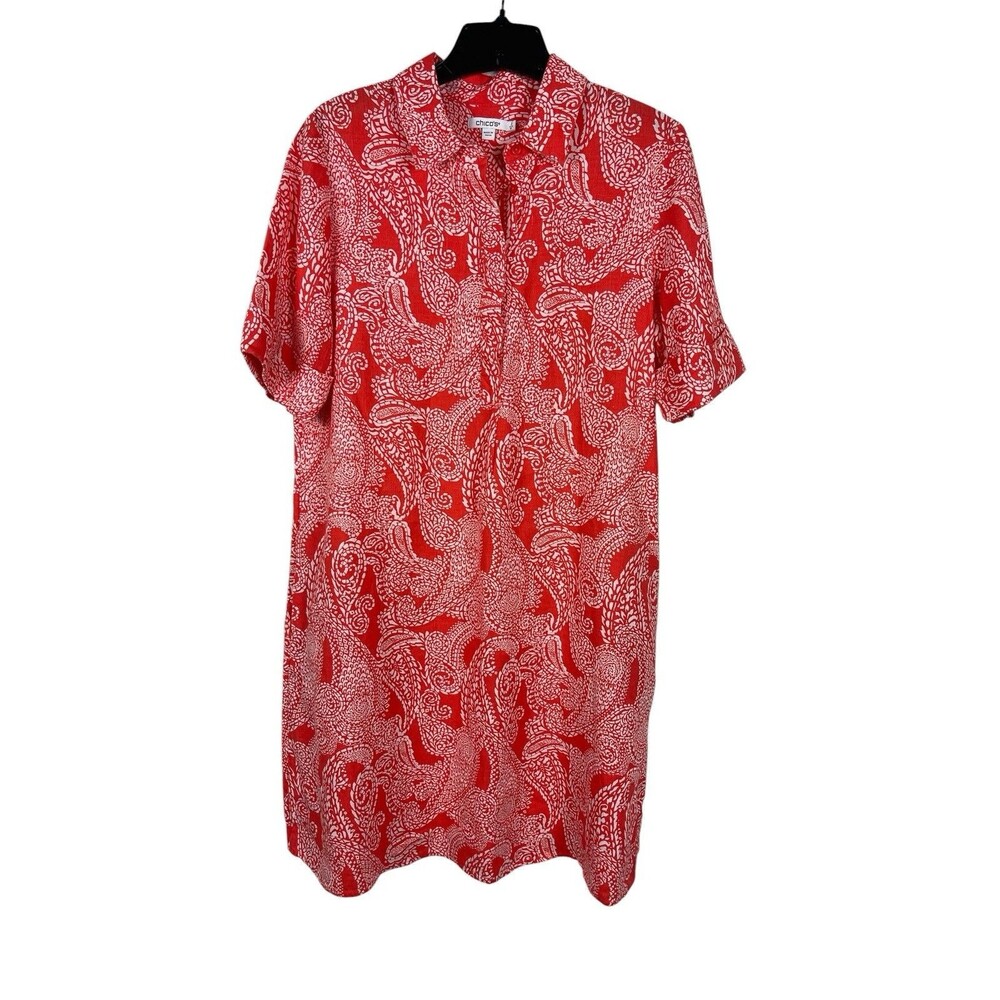 Chico’s Size 2 (12 Or L) Coral White 100% Linen Paisley Short Sleeve Shirt Dress